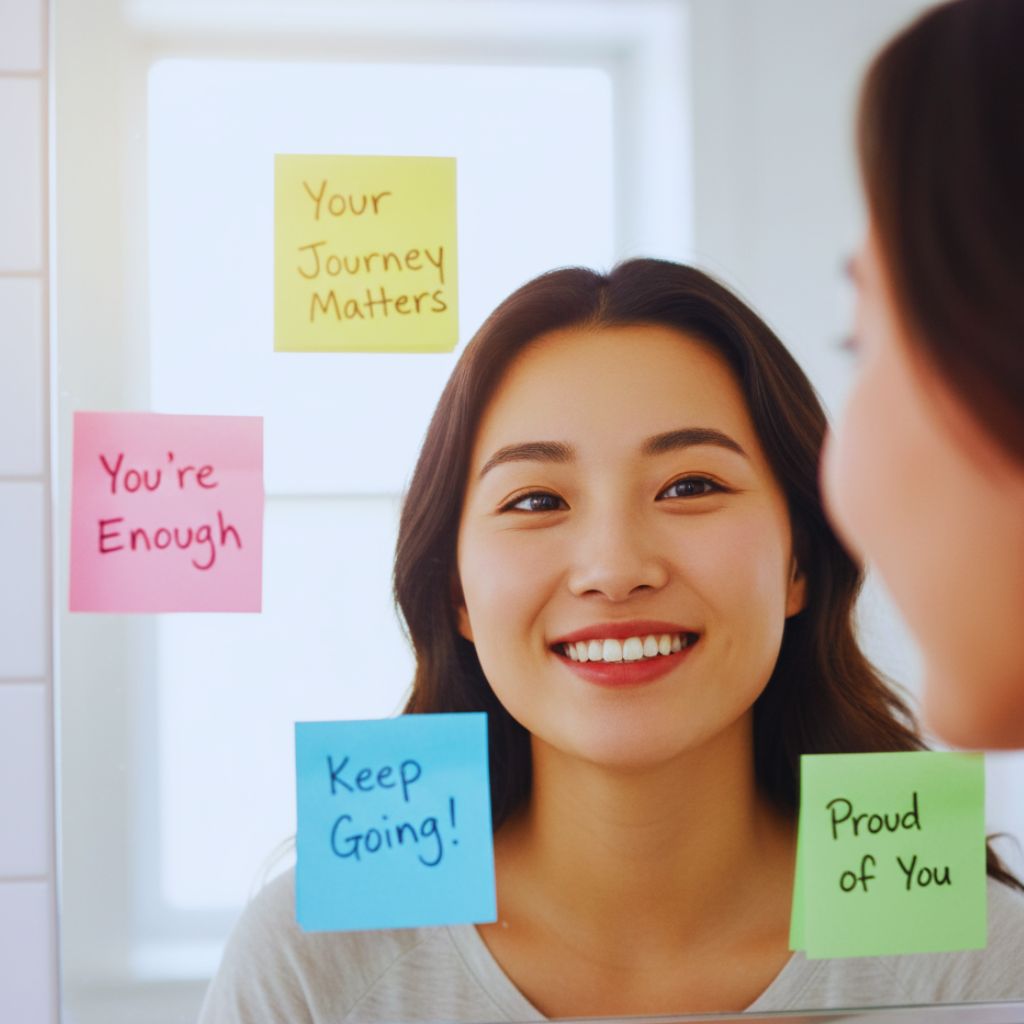 “Person smiling in mirror surrounded by positive affirmation notes.”