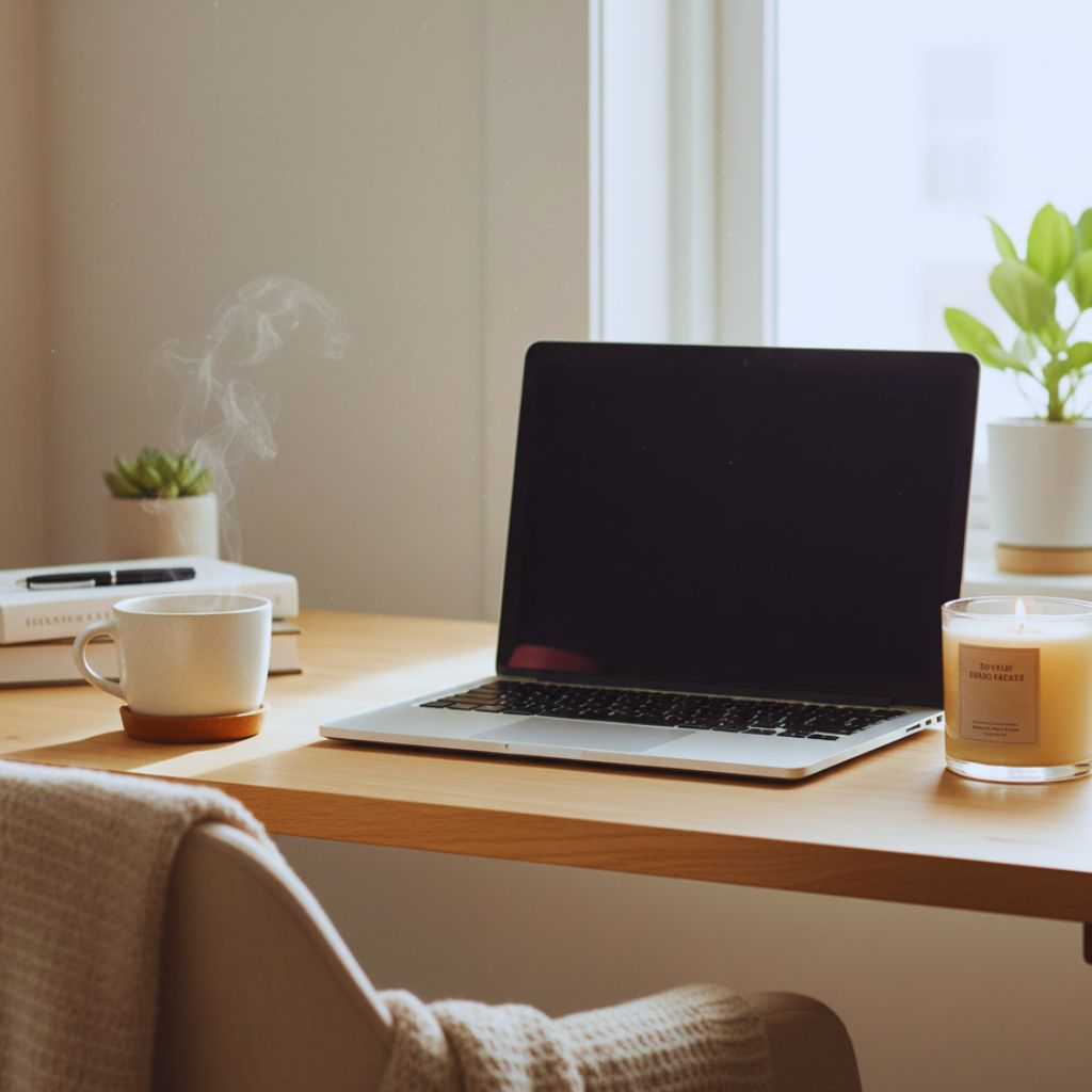 “Minimal workspace with tea and closed laptop representing work-life balance.”