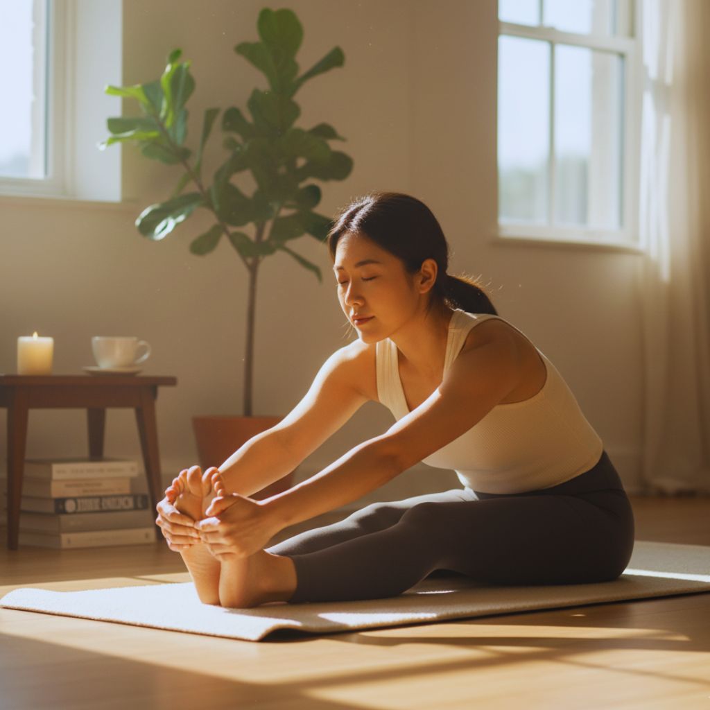 Person doing gentle yoga at home, promoting mindful and balanced exercise.