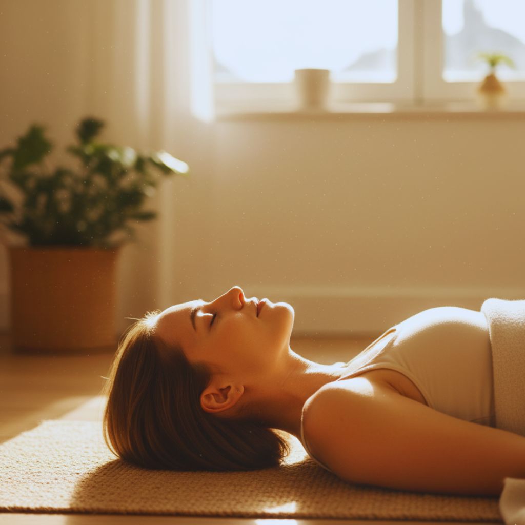 Person doing gentle yoga at home, promoting mindful and balanced exercise.