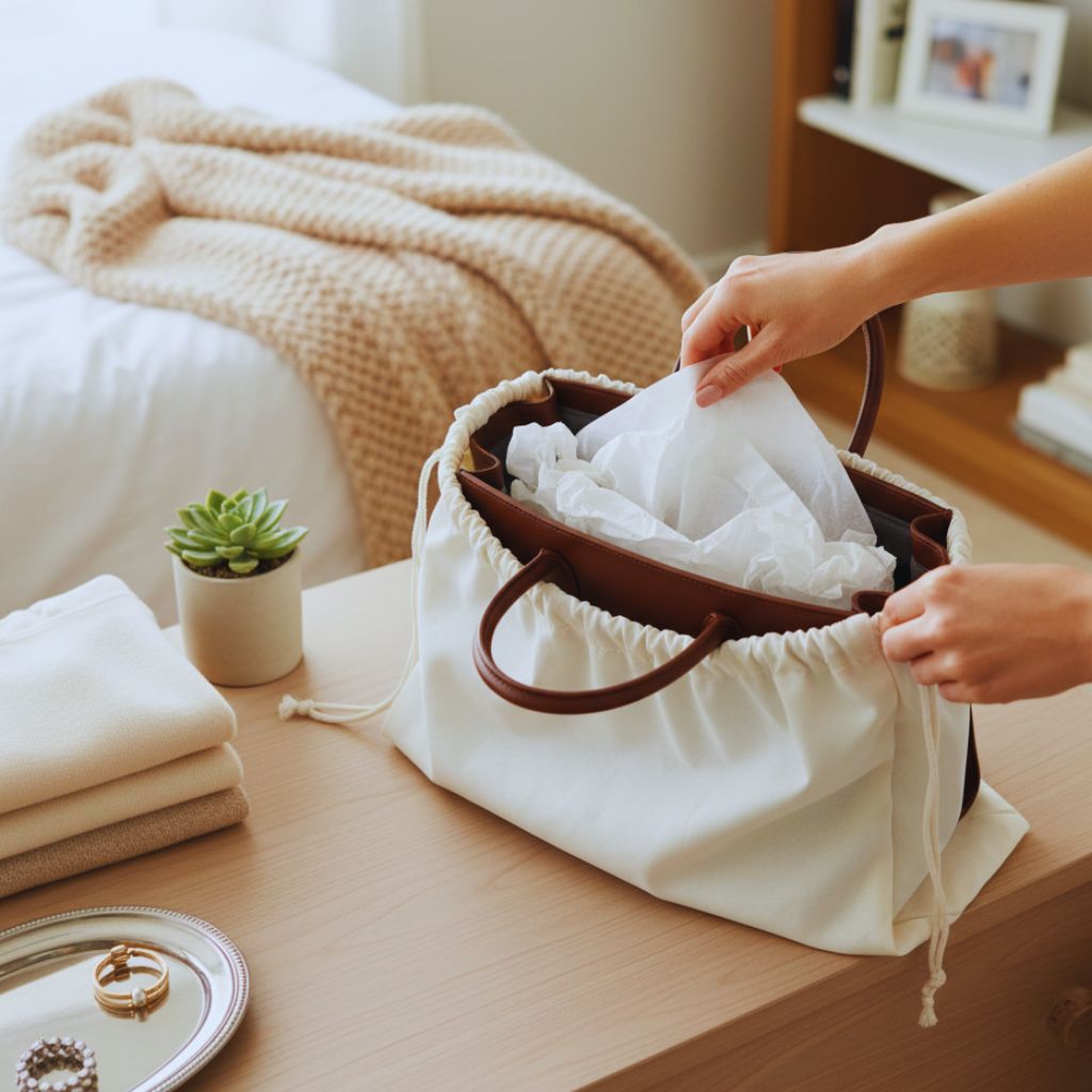 “Handbag filled with tissue paper and stored properly to retain shape and prevent sagging.”