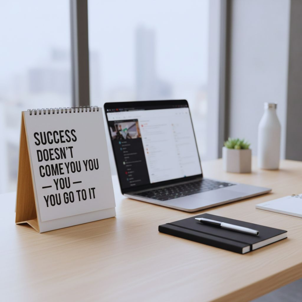 Modern desk calendar with motivational quote “Success Doesn’t Come to You — You Go to It” beside laptop and planner.