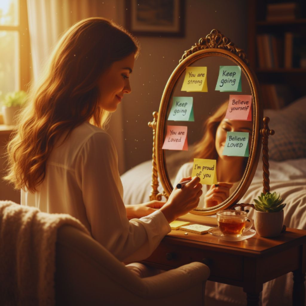 Woman smiling in the mirror surrounded by positive affirmation sticky notes.
