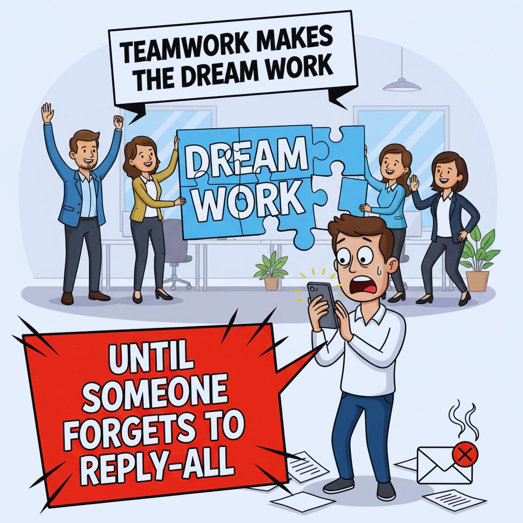 Workplace humor about teamwork and reply-all mistakes.