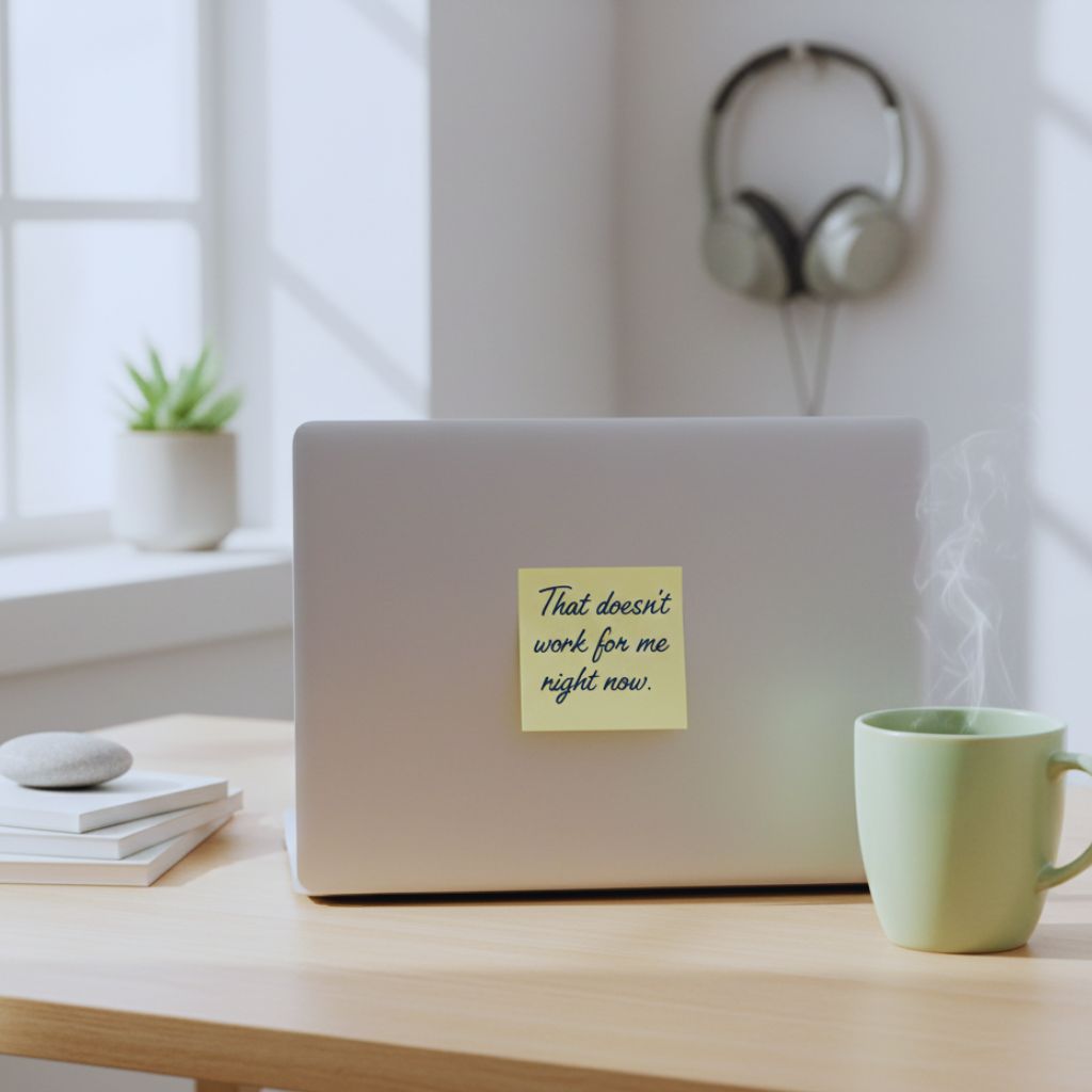 Minimalist desk scene with closed laptop, cup of tea, and sticky note reading “That doesn’t work for me right now” in elegant handwriting.