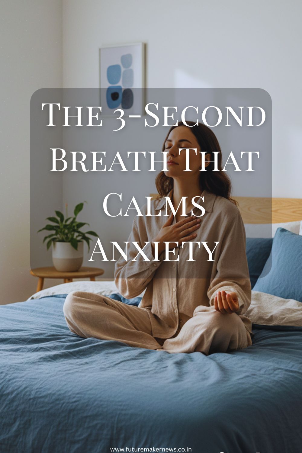 “Woman practicing deep breathing in a calm morning setting for anxiety relief.”