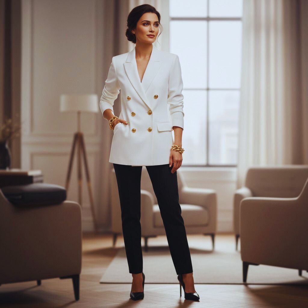 “White double-breasted blazer with gold buttons styled on rack as Balmain blazer dupe.”