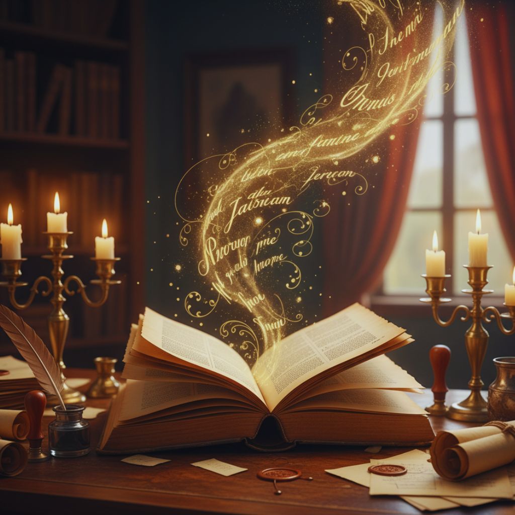 “Open book with glowing words rising into the air, representing the beauty and magic of language.”
