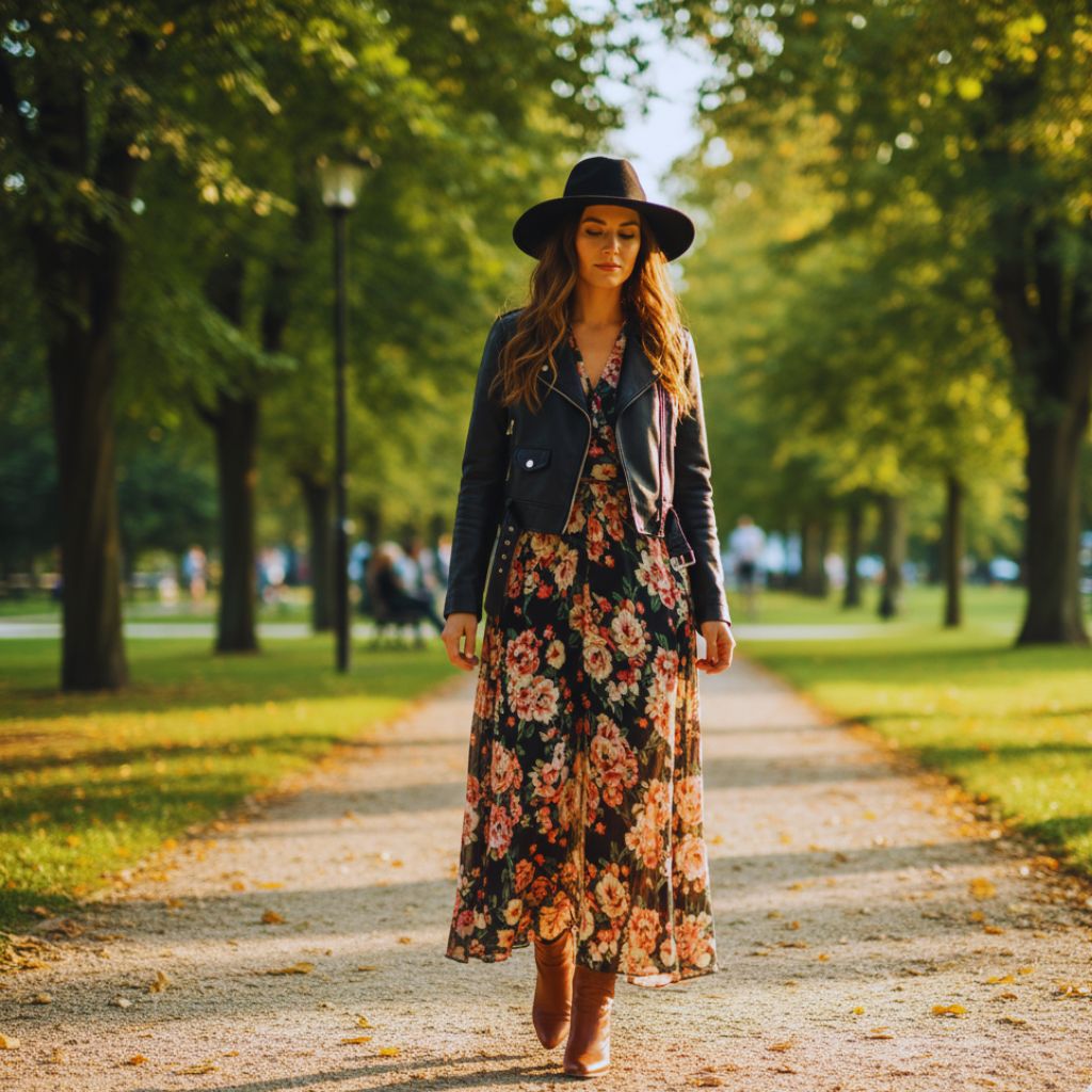 Woman layering leather jacket over floral maxi dress for bohemian look.