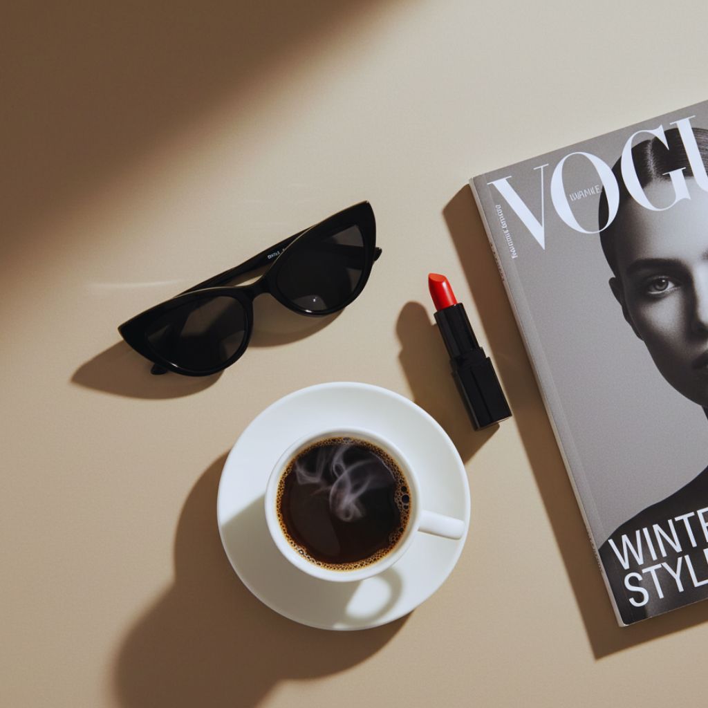 “Black cat-eye sunglasses styled with lipstick and magazine on a neutral background as Celine dupe.”