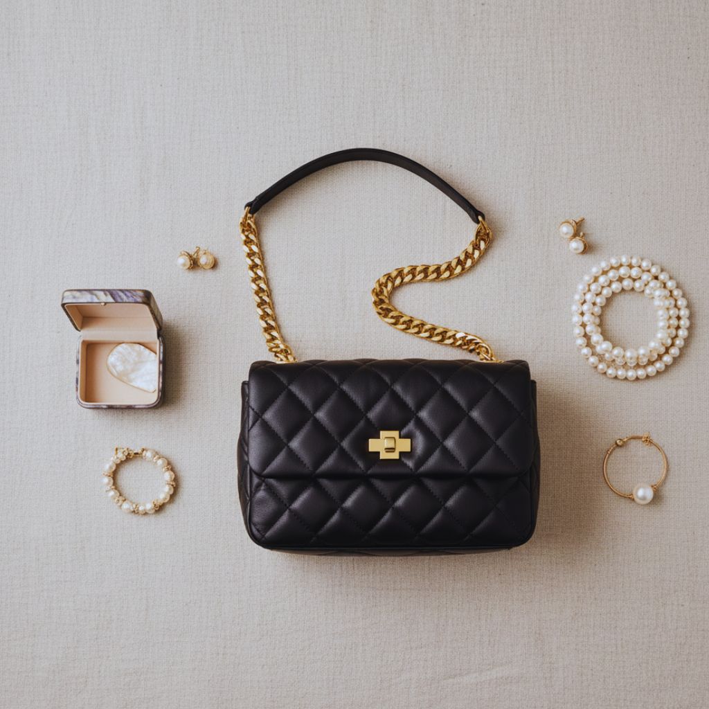 “Black quilted handbag with gold chain strap styled on marble background as a Chanel dupe.”
