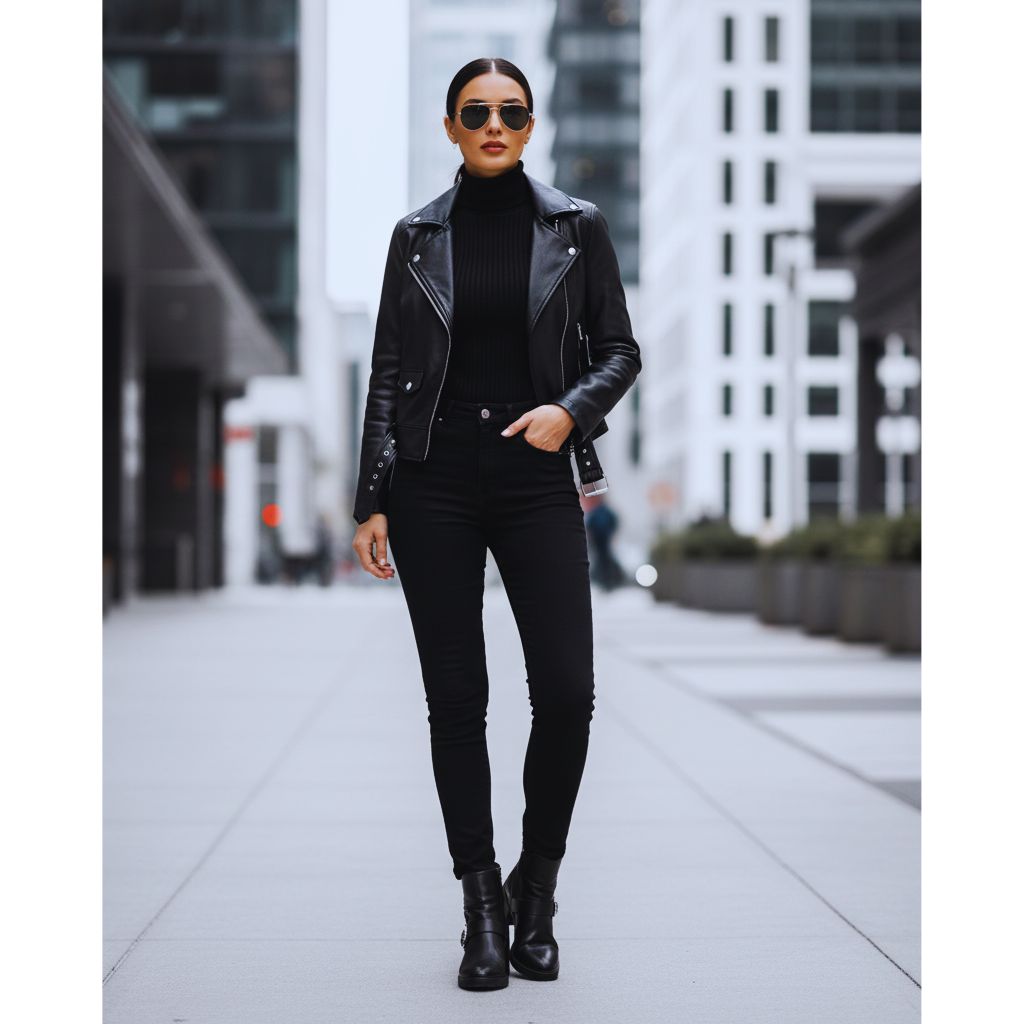 Woman in black leather jacket and all-black outfit for minimalist chic style.