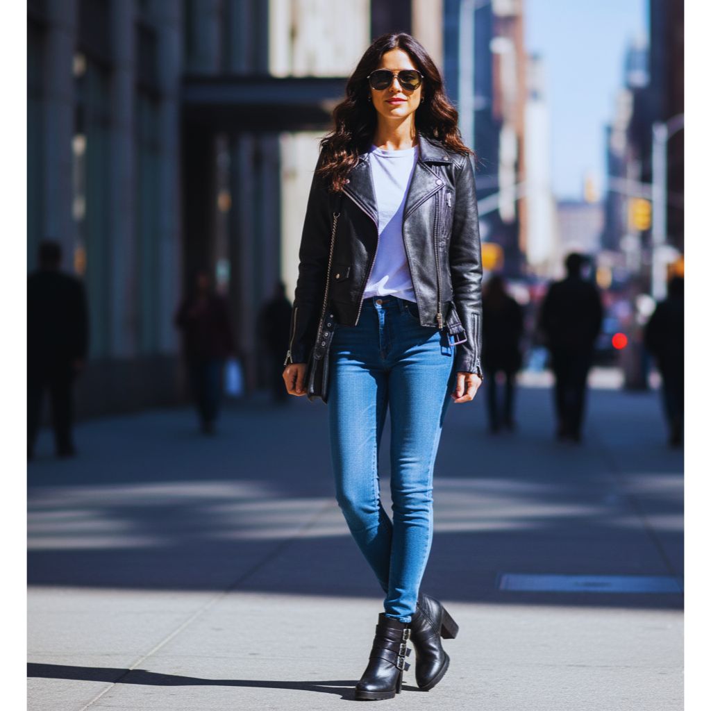 Woman wearing black leather jacket with jeans and white t-shirt for a classic casual look.