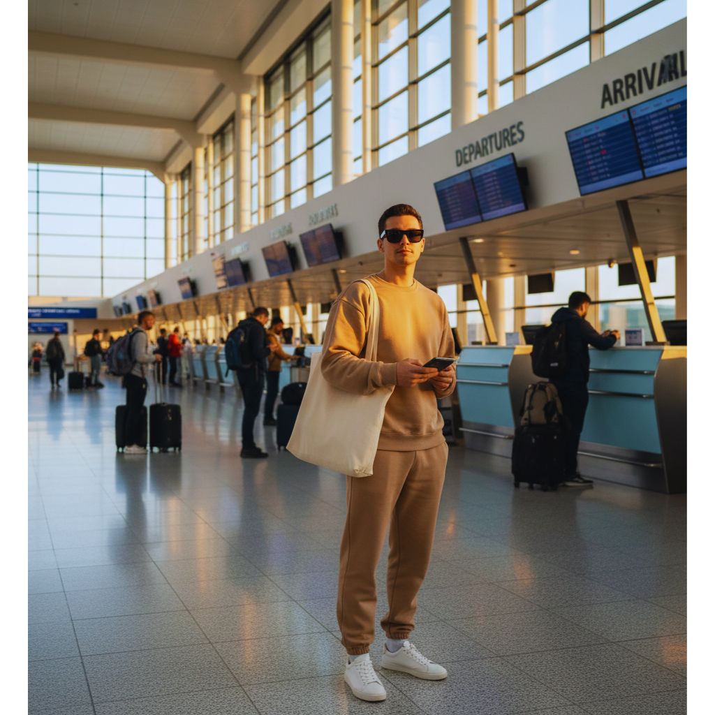 Woman in a matching beige sweat set with sneakers and tote bag at an airport terminal.