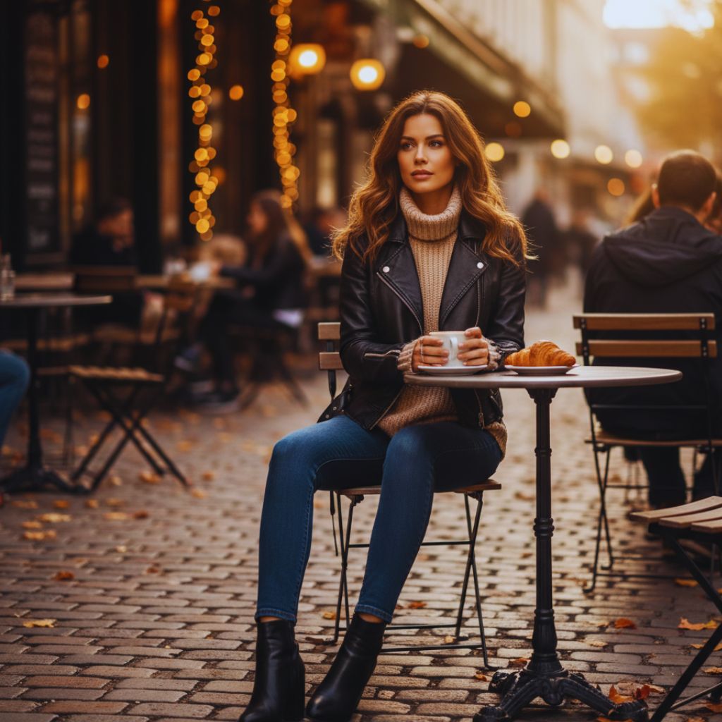 Woman wearing leather jacket with chunky knit sweater for cozy fall outfit.