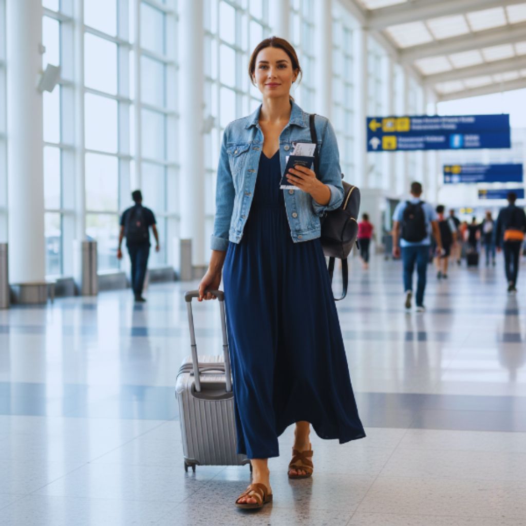 Traveler in navy maxi dress and denim jacket walking through an airport.