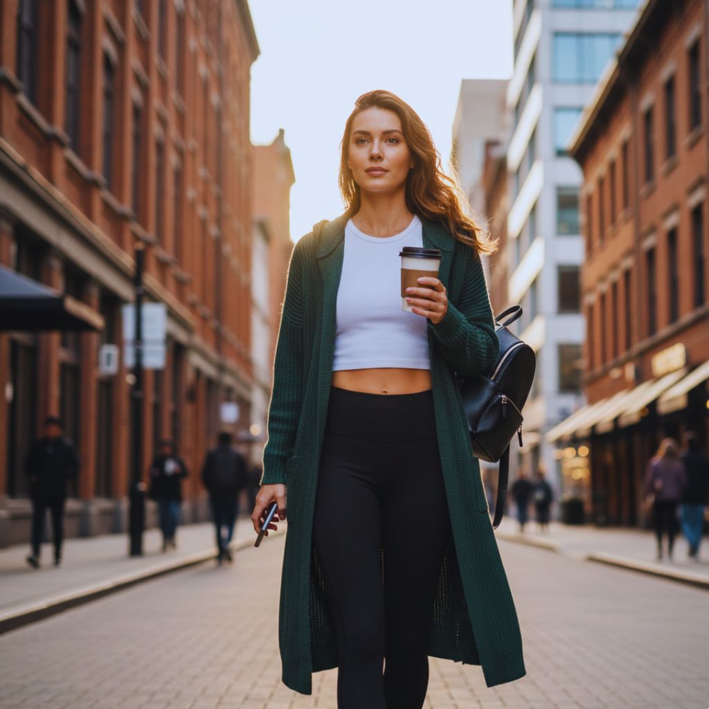 Traveler in leggings, hoodie, and cardigan styled with sneakers and backpack for a comfortable flight look.