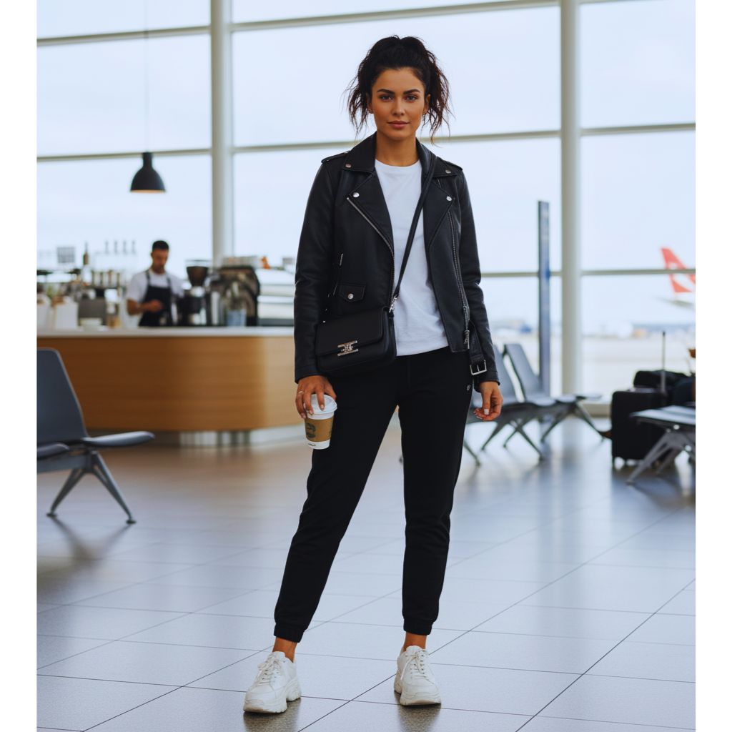 Woman in leather jacket with joggers and sneakers for relaxed everyday outfit.