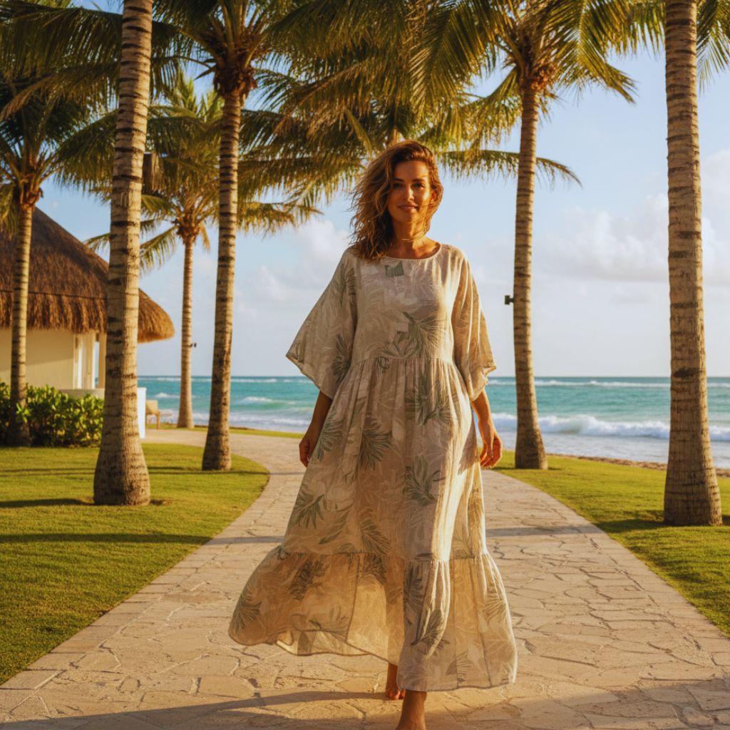 “Woman in a flowy maxi dress at a beach resort surrounded by palm trees.”