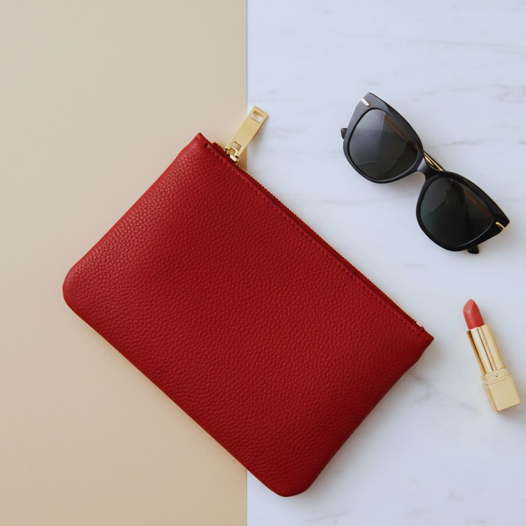 “Berry red pouch bag with gold hardware on a beige background, styled with accessories for a luxe look.”