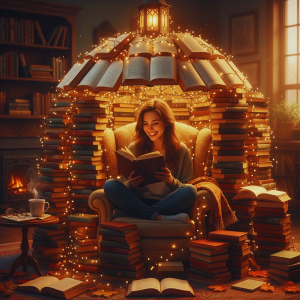 “Happy reader surrounded by colorful books and warm light, celebrating the joy of reading.”