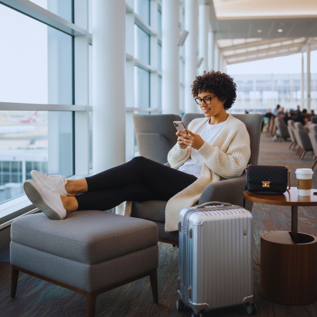 Traveler in leggings, long T-shirt, and oversized cardigan relaxing in an airport lounge.