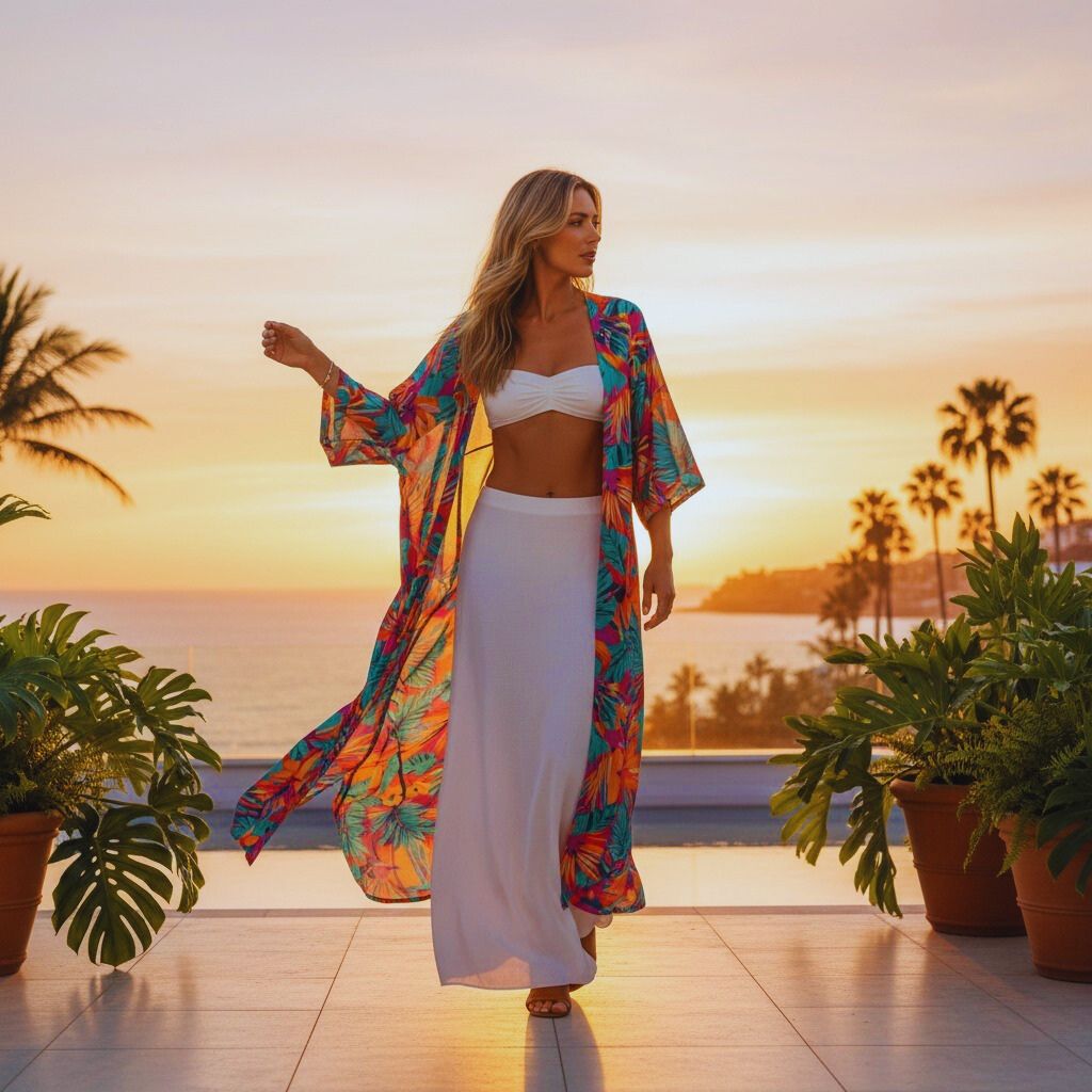 “Printed kimono blowing in the breeze at a tropical resort.”