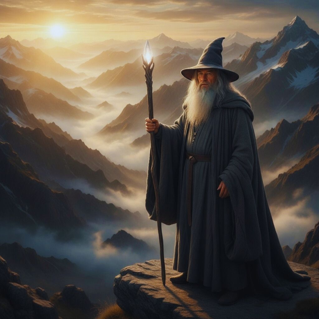 Gandalf stands with a staff amid golden morning light and mountains, symbolizing time, purpose, and destiny.