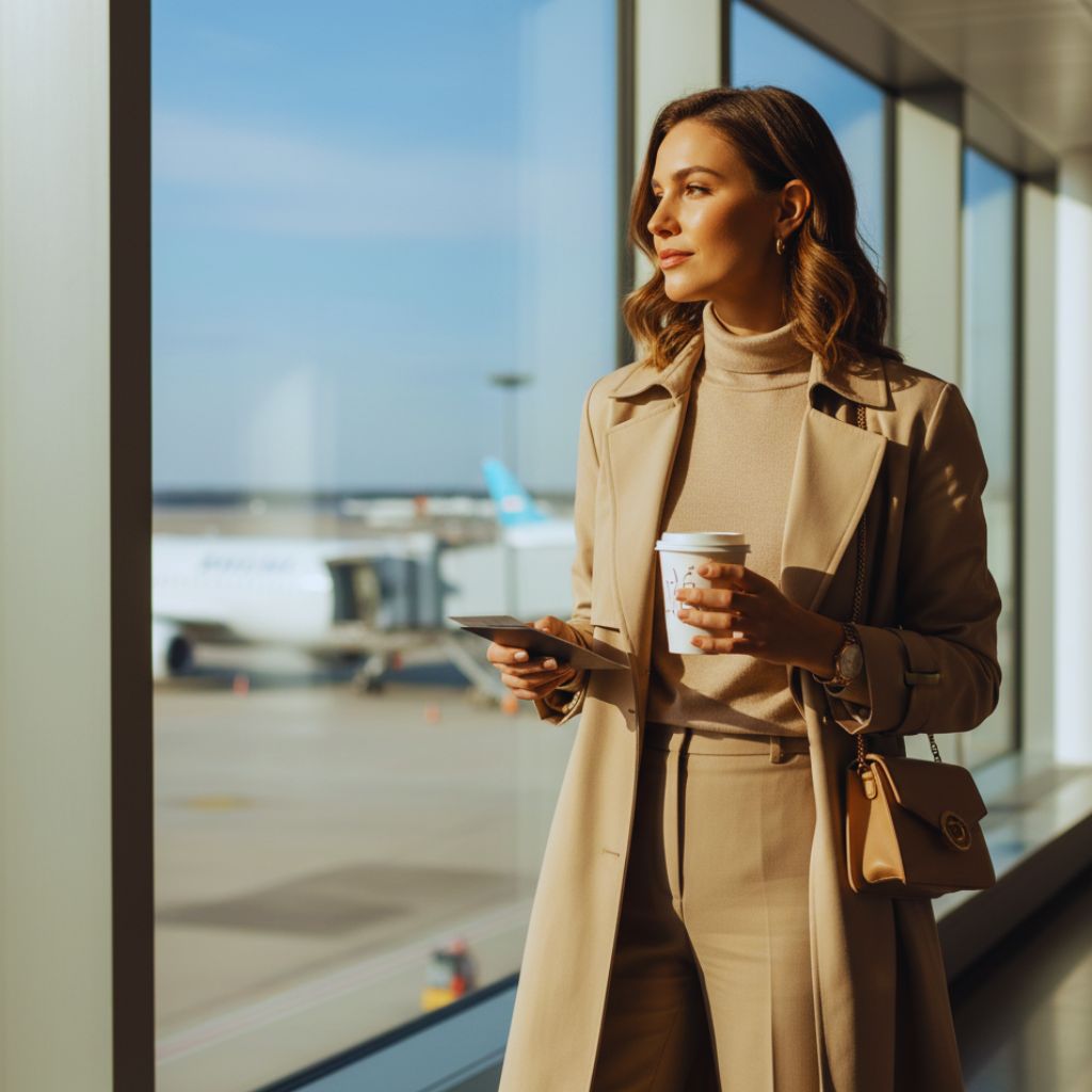 Stylish traveler in monochrome beige outfit holding coffee and boarding pass at an airport gate.