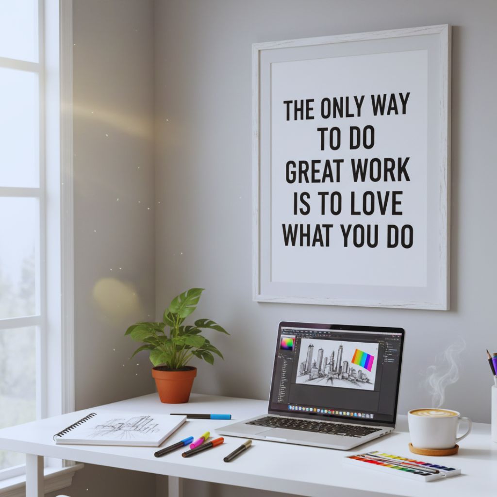 Office wall art with Steve Jobs quote “The Only Way to Do Great Work Is to Love What You Do.”