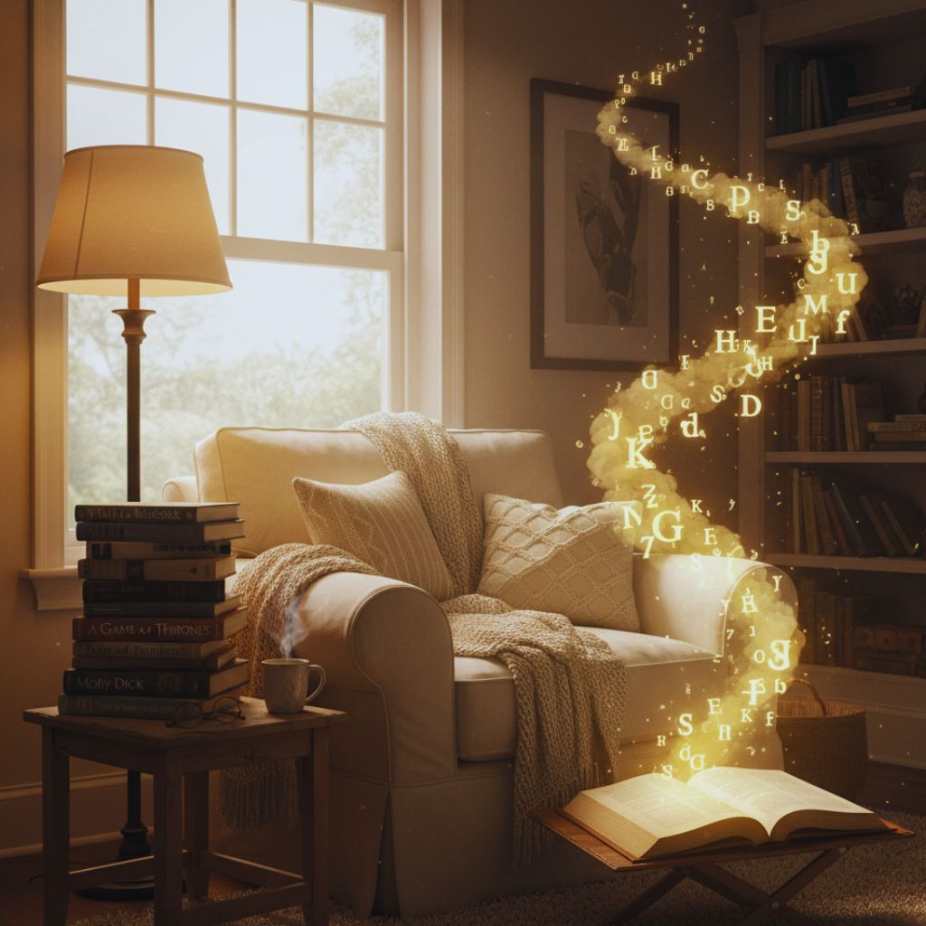 “A cozy reading nook with open books and glowing letters symbolizing the power of reading and imagination.”