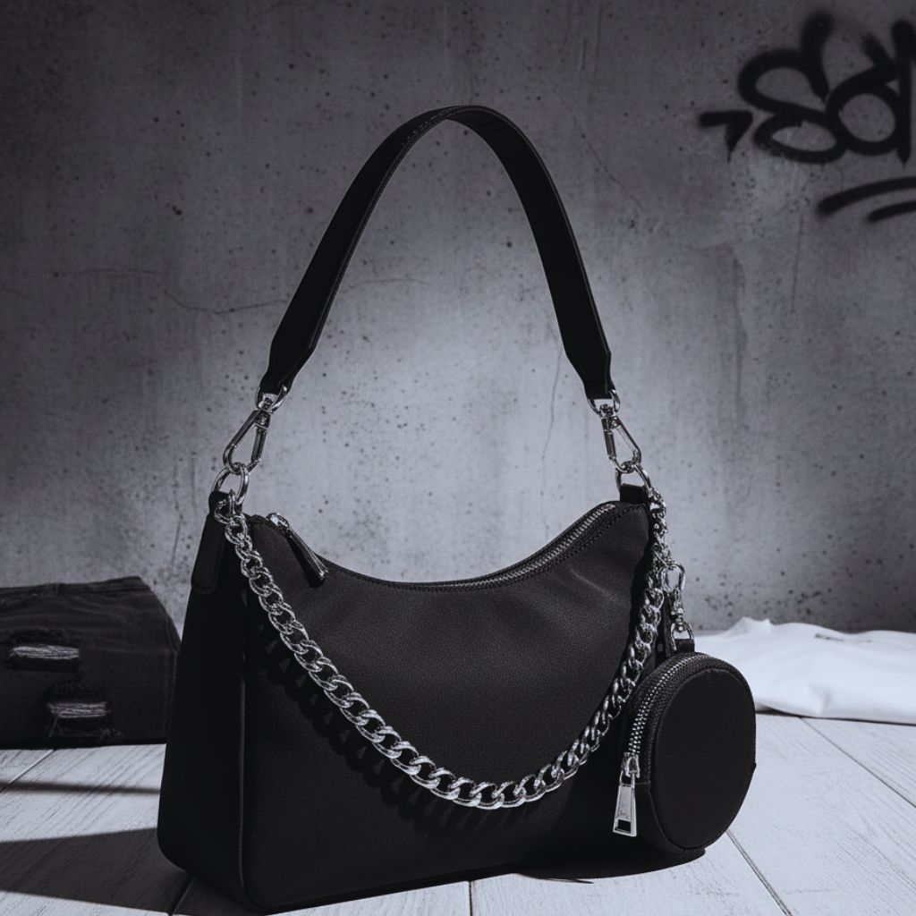“Black nylon shoulder bag with silver hardware and small pouch styled as Prada Re-Edition dupe.”