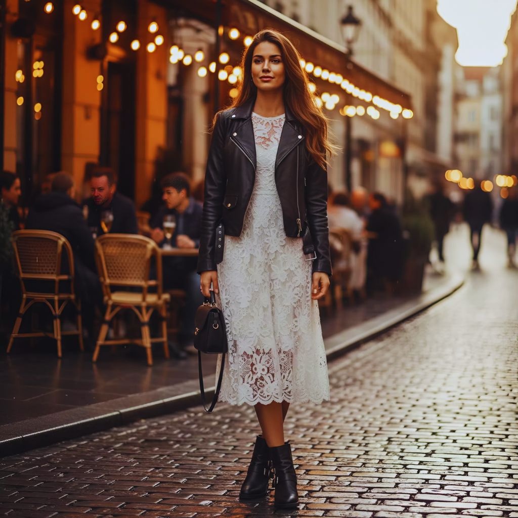 Woman pairing leather jacket with lace dress for edgy yet feminine style.