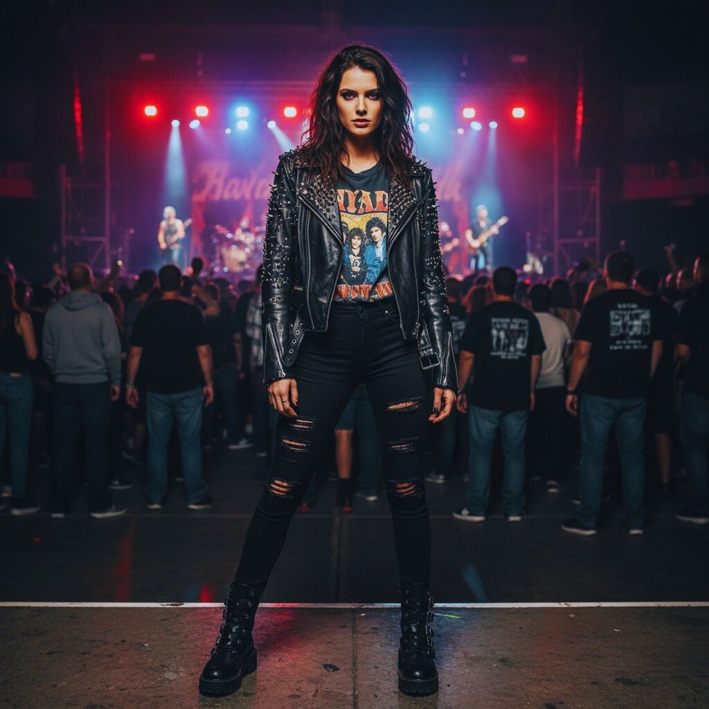 Woman in leather jacket and band t-shirt for bold rocker-inspired outfit.