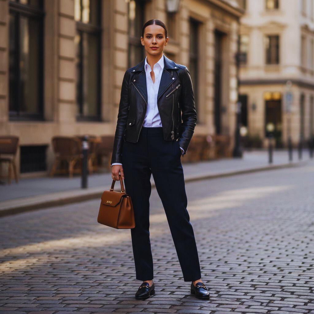 Woman layering leather jacket over white shirt for smart-casual outfit.