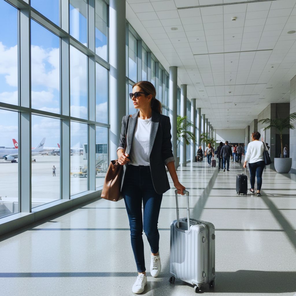 Traveler wearing jeans, a T-shirt, and a blazer walking through an airport with luggage.