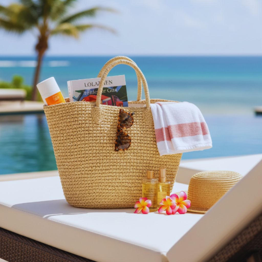 “Woven straw beach bag with sunglasses and vacation essentials.”