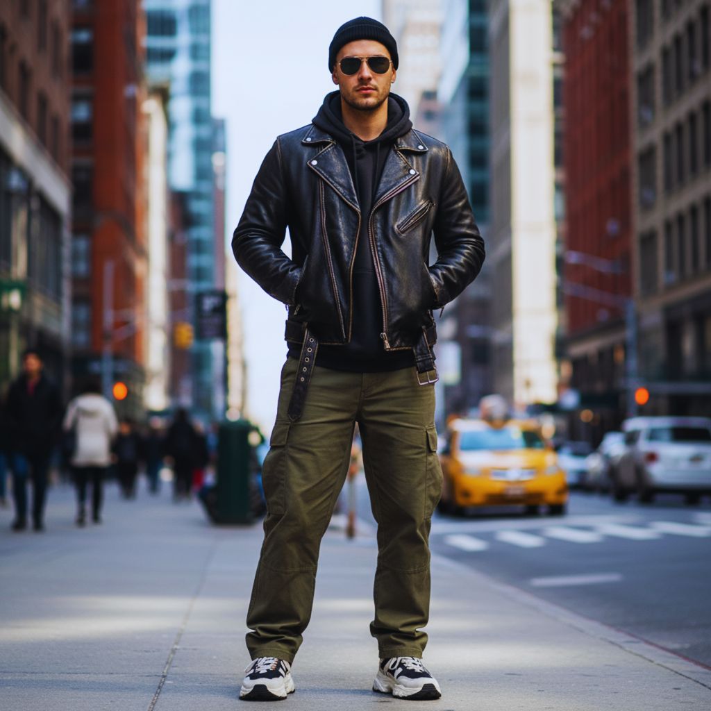 Man wearing hoodie under leather jacket with cargo pants and sneakers for street-style look.