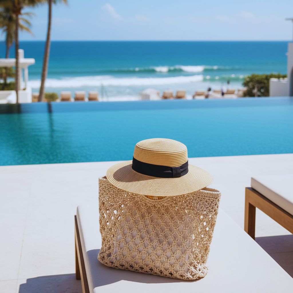 “Wide-brim straw hat with beach bag by the ocean.”