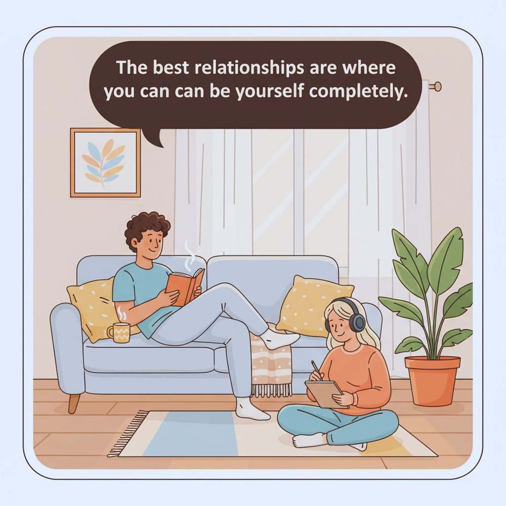Quote about authenticity in relationships with cozy home background.