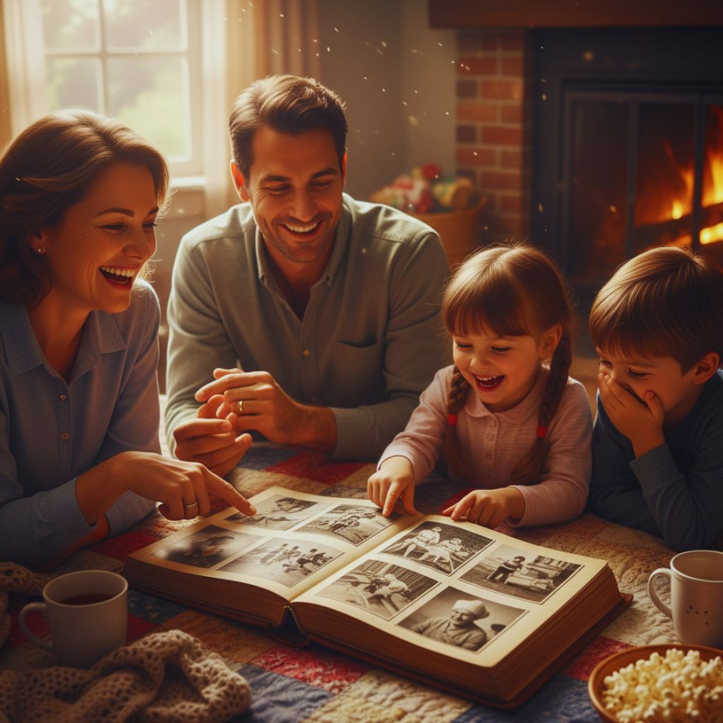 Family flipping through a photo album together, smiling.