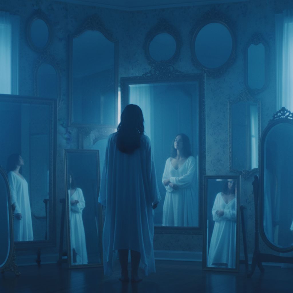 Reflection of a person in multiple mirrors with quote text overlay “The people you compare yourself to are just as scared as you are.”