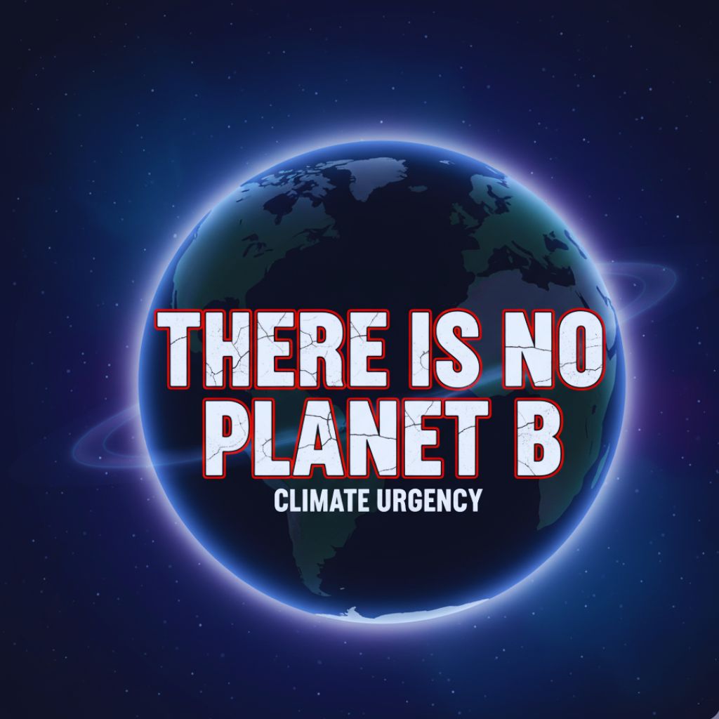 “Graphic design showing planet Earth with bold text ‘There is No Planet B’ to emphasize climate urgency.”