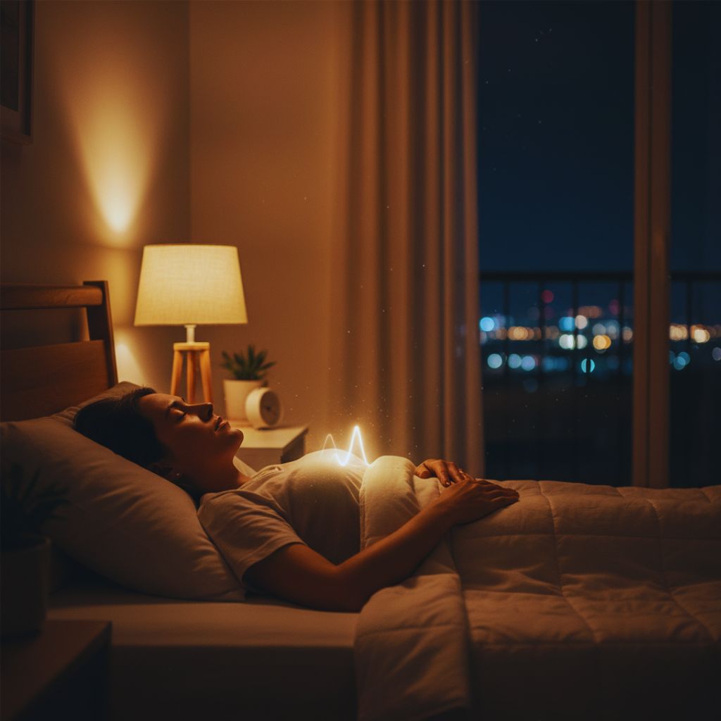 “Person practicing deep breathing before sleep in a calm night setting.”