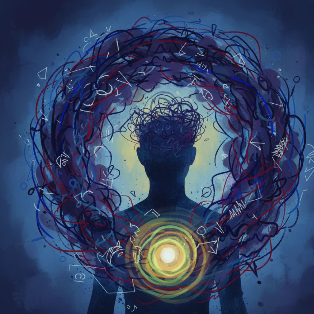 “Abstract image of anxiety showing swirling thoughts around a calm center.”