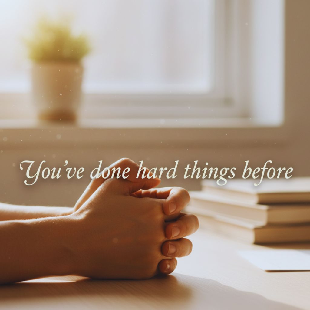 Close-up of a person taking a deep breath before a stressful event, focusing on calming self-talk.