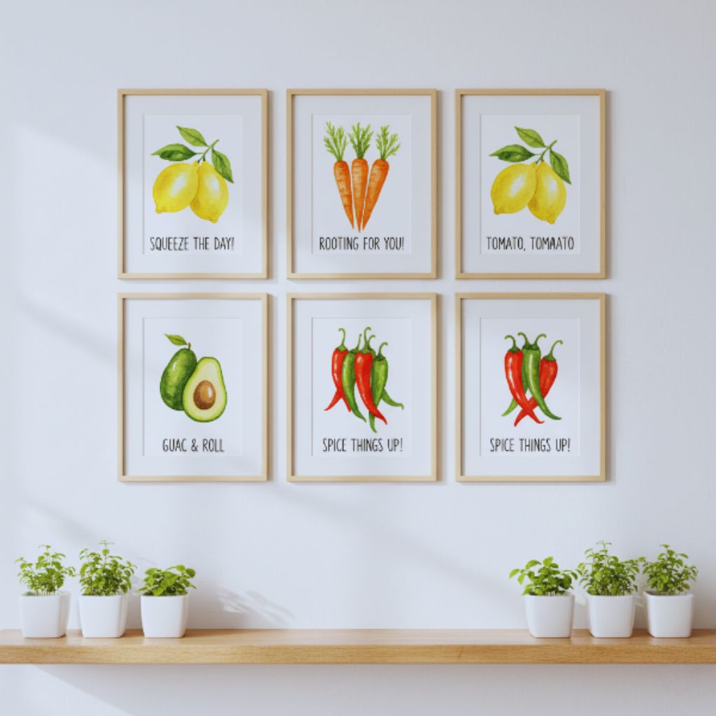 “Watercolor fruit and vegetable wall prints with playful captions in a bright kitchen.”