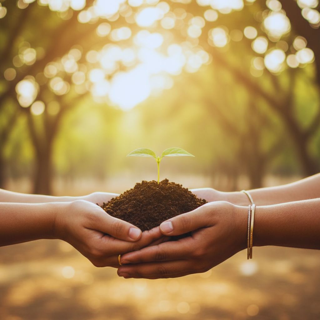 “Group of hands from different people holding soil with a small green plant, symbolizing unity and shared responsibility for Earth.”