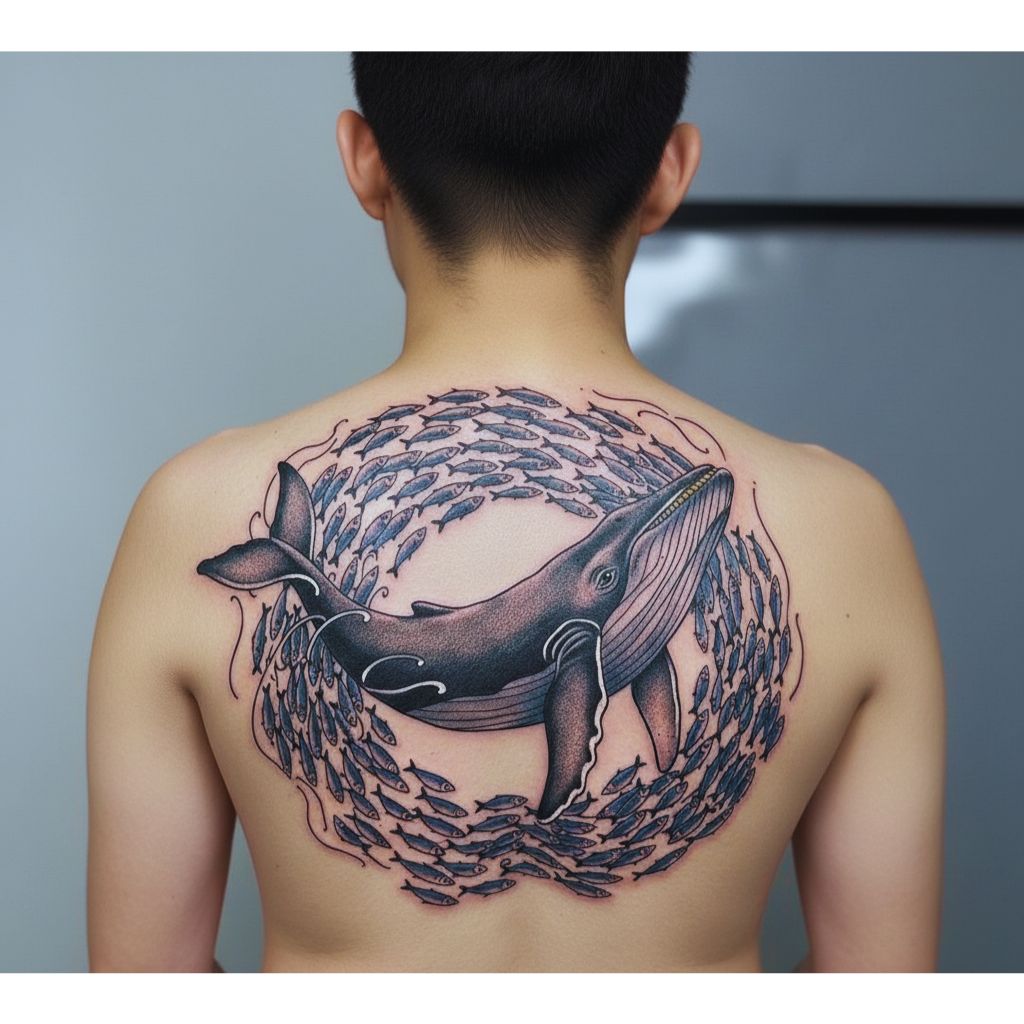 “Tattoo of a whale swimming with sardines.”