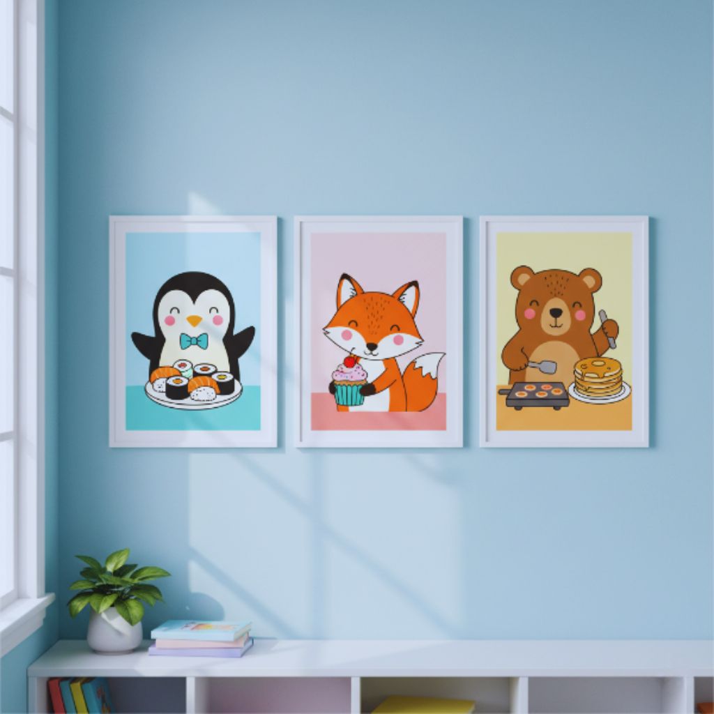 “Whimsical animal and food art prints in colorful kitchen decor.”